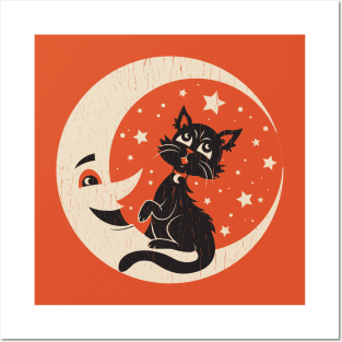 Vintage Halloween Moon Kitty Posters and Art